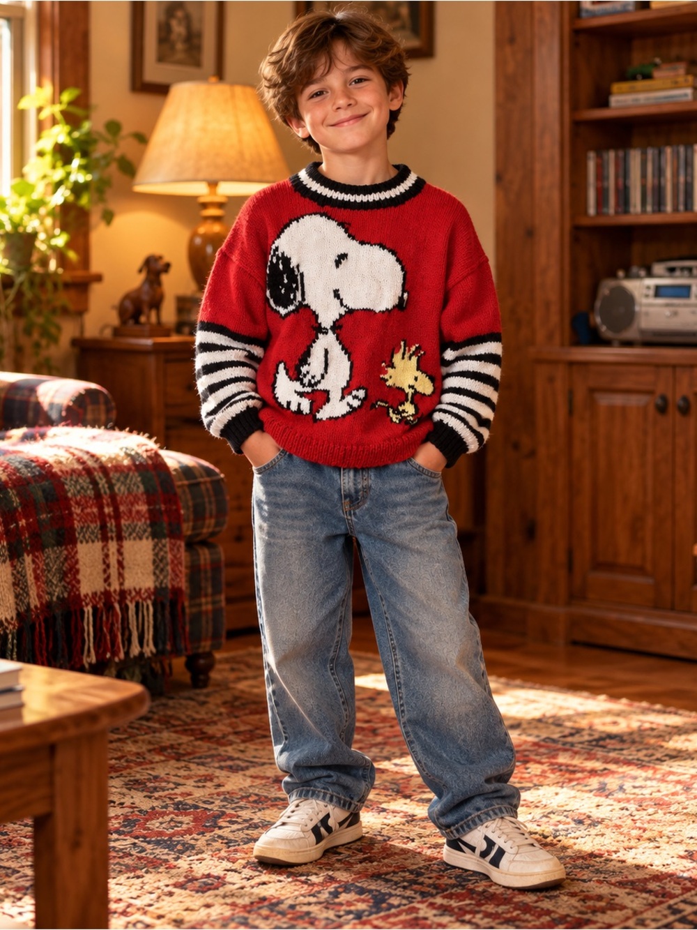 Vintage 90s Handmade Snoopy Woodstock Intarsia Knit Sweater Kids Unisex 10-12